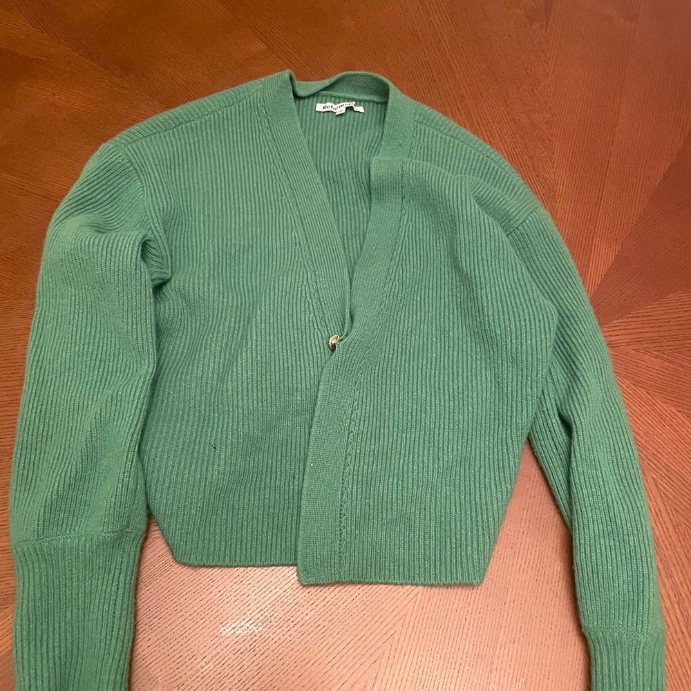 Reformation Forest Green Pure Cashmere Cropped Ribbed Cardigan - small